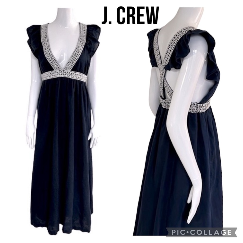 J.Crew Black Label Maxi Dress with Criss Cross Back & Crochet Trim. XS